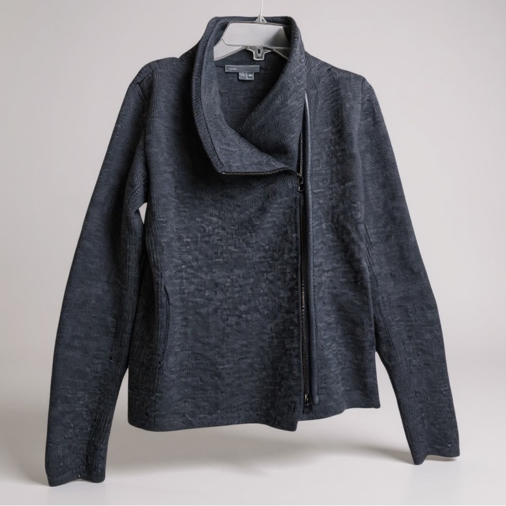 VINCE Wool Leather Moto Sweater Jacket Knit Asymmetrical Zip Funnel Minimalist